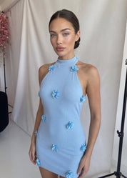 LILLY - vestito corto effetto mesh con applicazioni floreali in azzurro