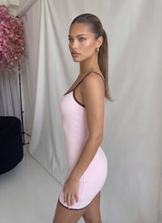 MADDY - vestito corto rosa con orlo marrone