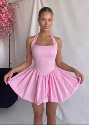 MAGDA - abito mini in rosa con gonna ampia in cotone