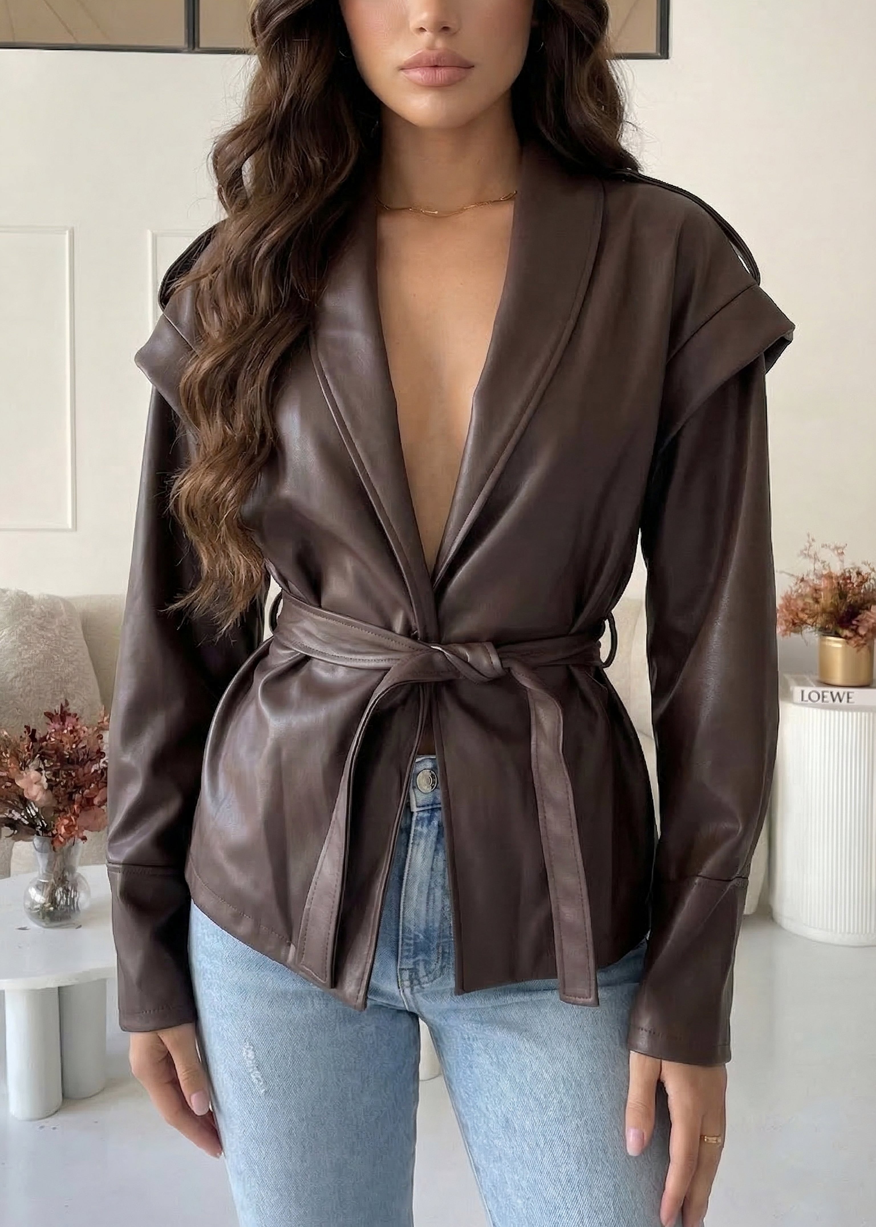 MAITE - giacca blazer in simil pelle effetto bomber in marrone