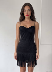 MAKII - vestito nero scamosciato con frangie