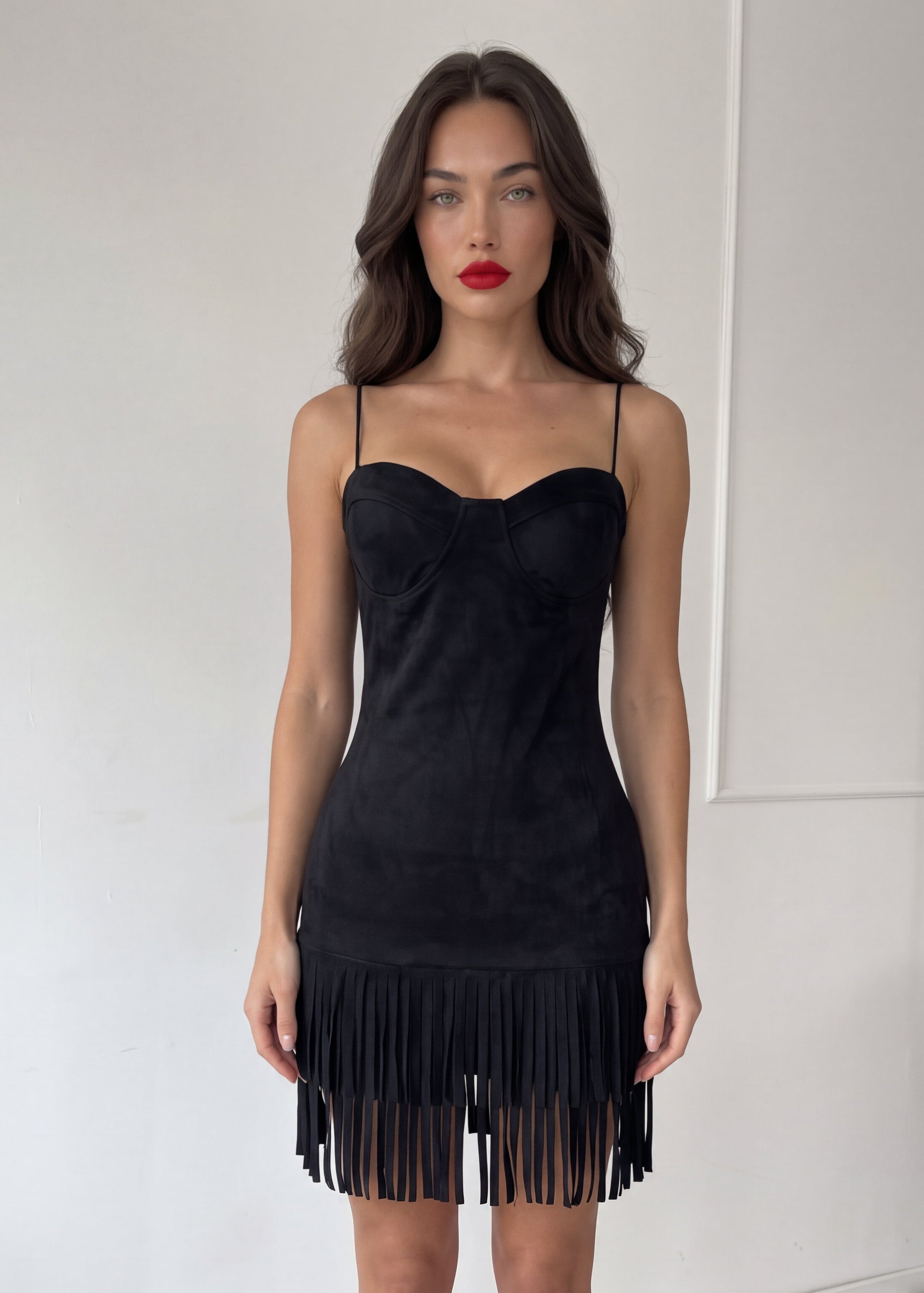 MAKII - vestito nero scamosciato con frangie