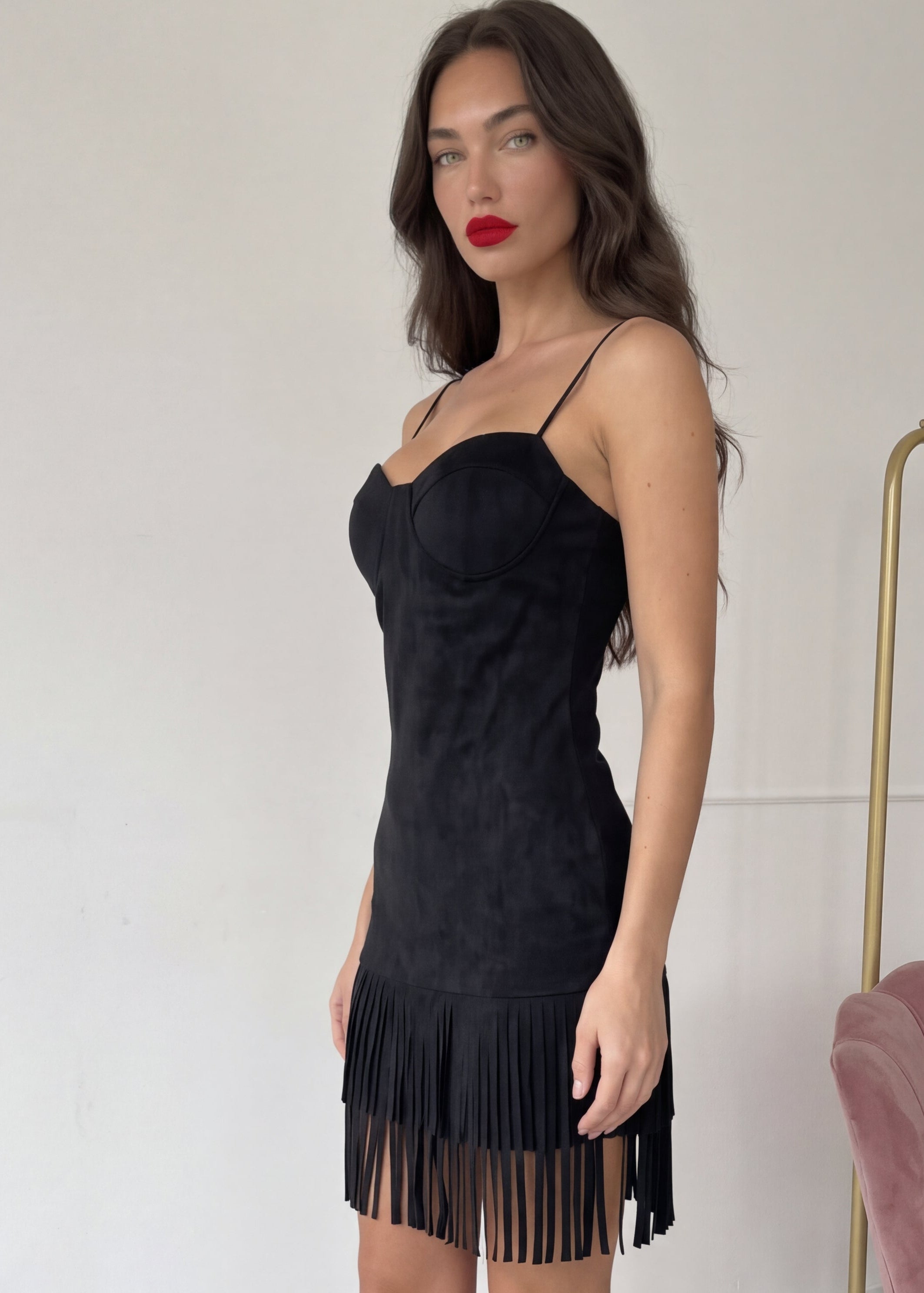 MAKII - vestito nero scamosciato con frangie