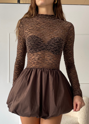 MARINA - vestito mini marrone con gonna a palloncino e top in pizzo