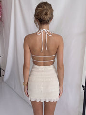 MAUDE - vestito corto beige chiaro con rouches e piccole paillettes
