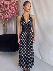 MYRTA - vestito lungo nero a pois con inserto in pizzo
