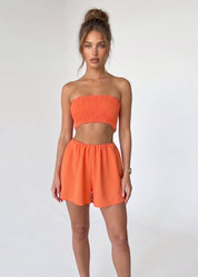 NISHY - set infinity in arancione coordinato top shorts e blusa da indossare in più modi