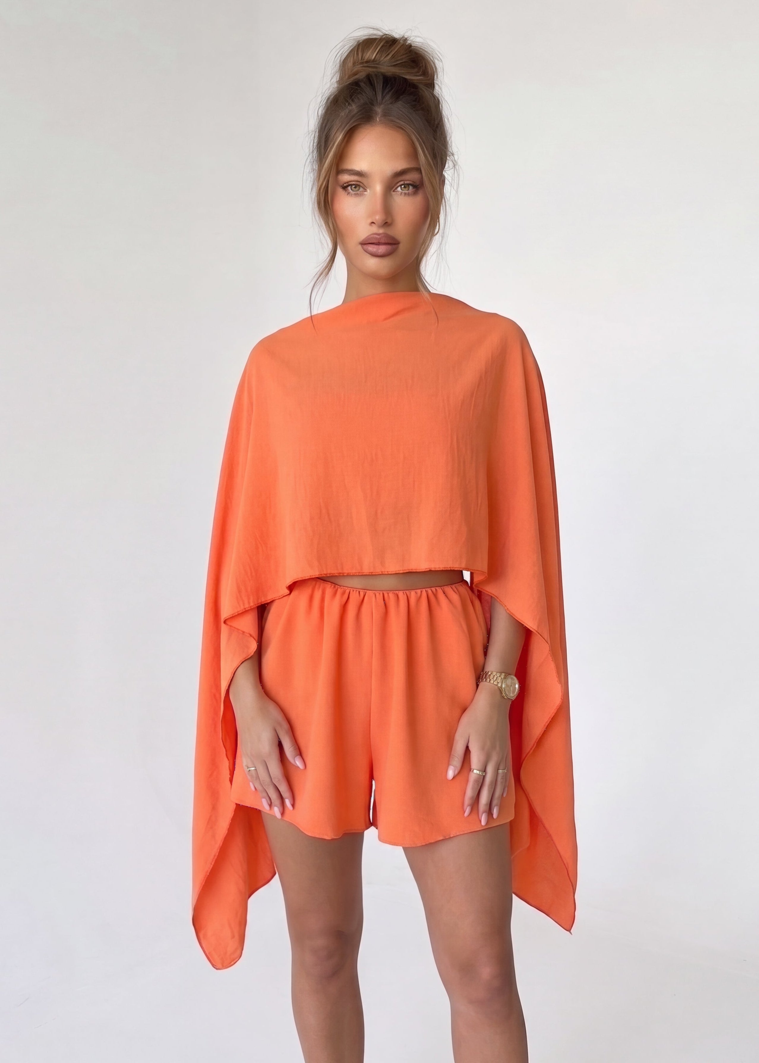 NISHY - set infinity in arancione coordinato top shorts e blusa da indossare in più modi