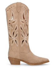 RISA - stivali texani alti beige in simil camoscio con ricami e lavorazione traforata
