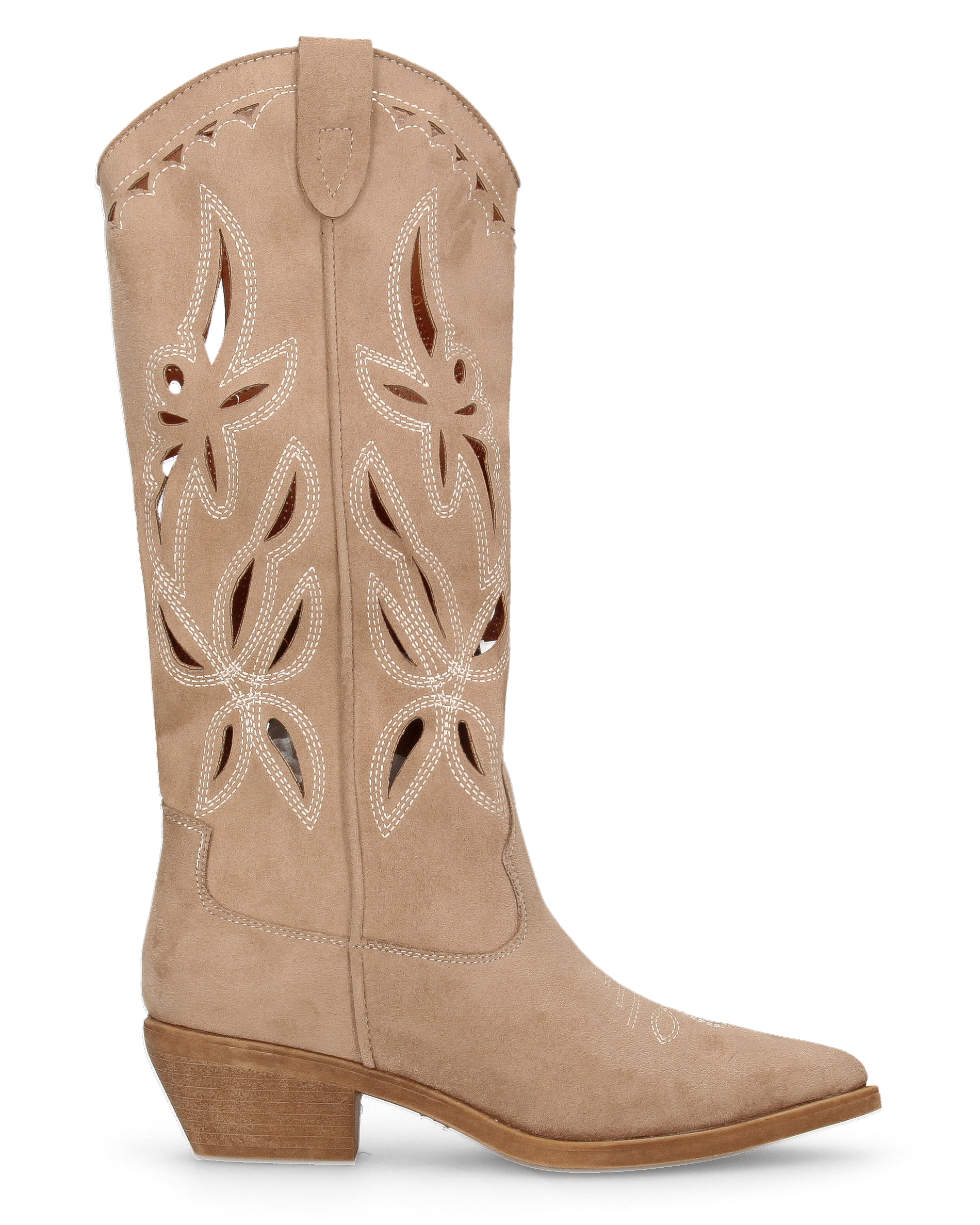 RISA - stivali texani alti beige in simil camoscio con ricami e lavorazione traforata