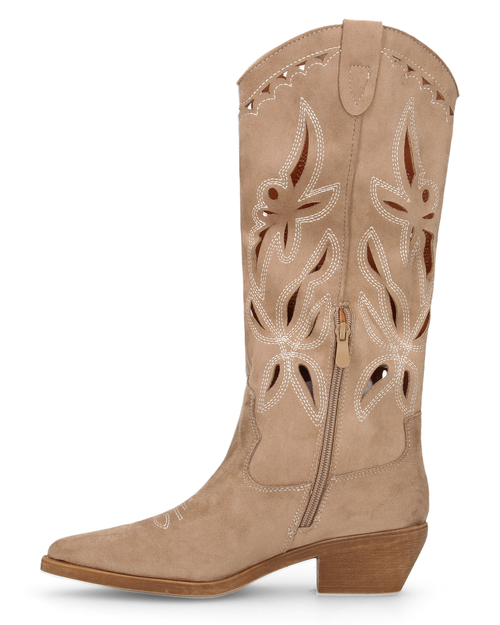 RISA - stivali texani alti beige in simil camoscio con ricami e lavorazione traforata