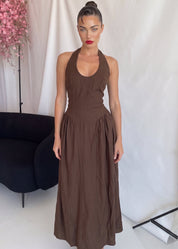ODILE - abito midi marrone con gonna ampia e allacciatura dietro il collo