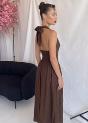 ODILE - abito midi marrone con gonna ampia e allacciatura dietro il collo