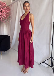 ODILE - abito midi bordeaux con gonna ampia e allacciatura dietro il collo