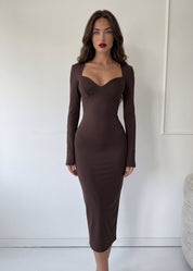 OFTY - abito vestito midi con scollo a cuore in marrone