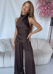 OLLYV - set coordinato top e pantaloni in satin marrone