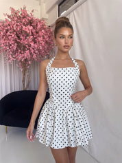 PENNY - vestito bianco corto a palloncino con allacciatura sulla schiena a pois