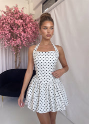 PENNY - vestito bianco corto a palloncino con allacciatura sulla schiena a pois