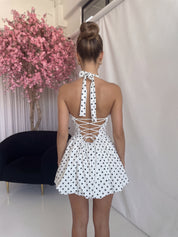 PENNY - vestito bianco corto a palloncino con allacciatura sulla schiena a pois