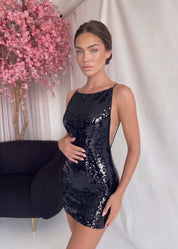 SASKIA - vestito mini in paillettes nero con schiena scoperta