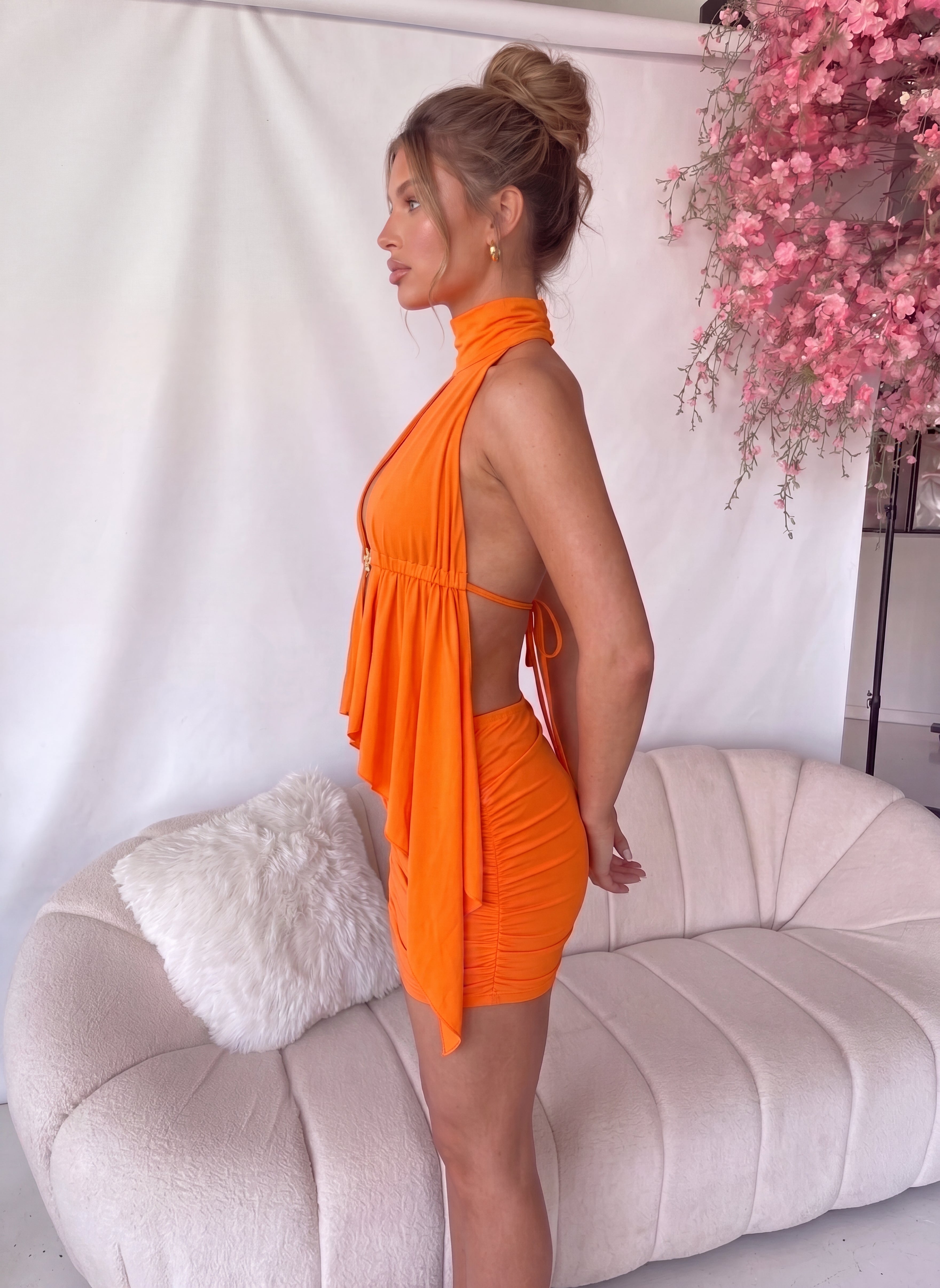 SERY - set completo coordinato con top peplum e minigonna in arancione