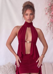 SERY - set completo coordinato con top peplum e minigonna in rosso