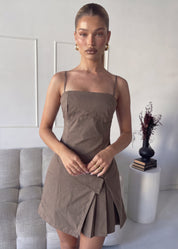 SHAMURA - vestito mini corto nero con gonna pieghe khaki in cotone