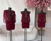 SHELLY - vestito corto con scollo peplo in tessuto mesh in marrone