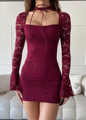 SIMONE - vestito mini bordeaux in pizzo con lacci al collo