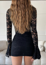 SIMONE - vestito mini nero in pizzo con lacci al collo