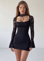 SIMONE - vestito mini nero in pizzo con lacci al collo