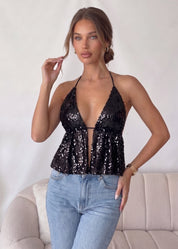 SUNY - top in paillettes nere con schiena scoperta