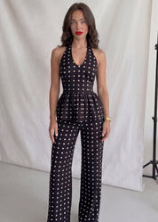 SUSAN - set coordinato pantaloni e top drappeggiato nero con pois