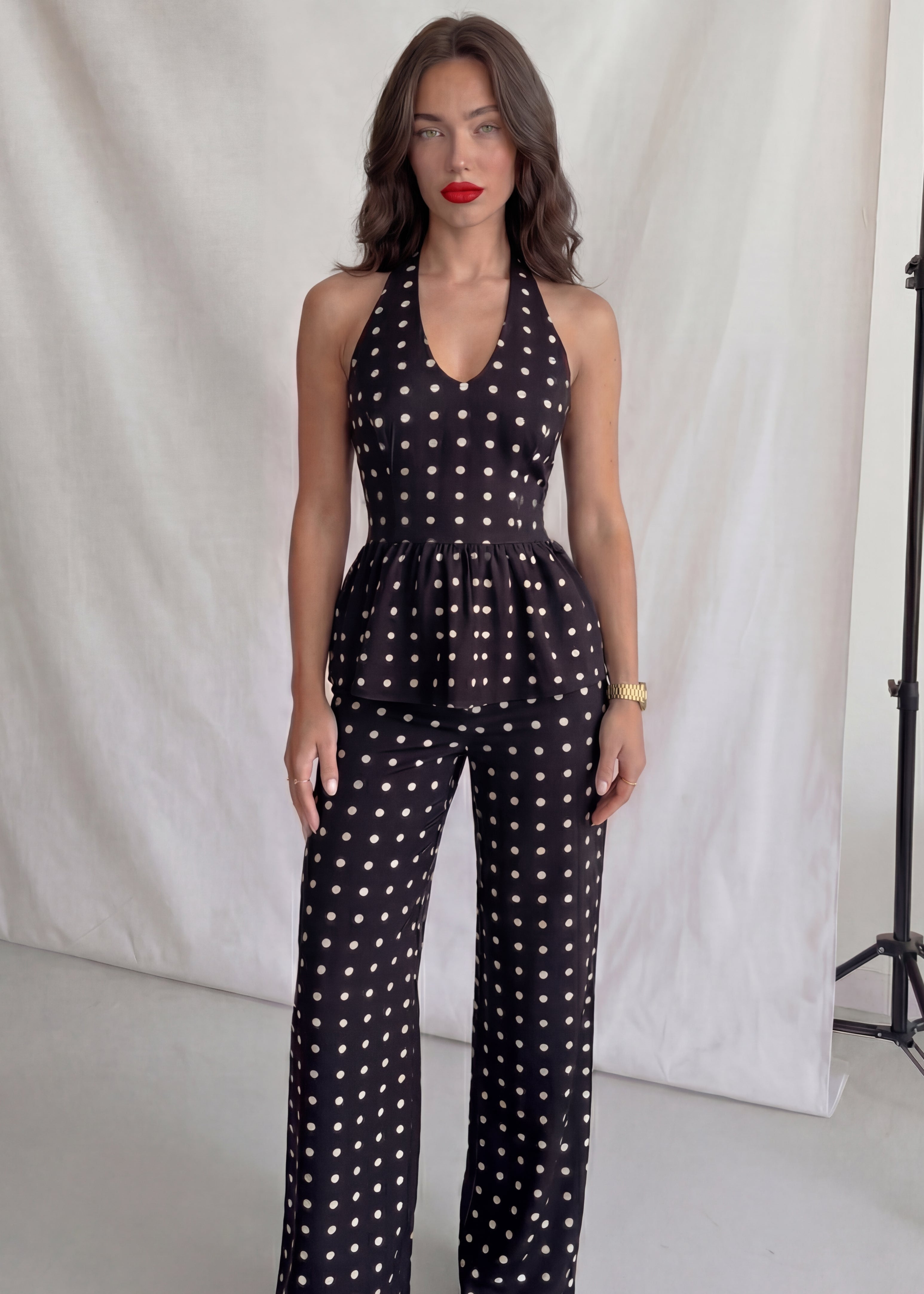 SUSAN - set coordinato pantaloni e top drappeggiato nero con pois