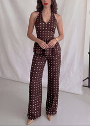 SUSAN - set coordinato pantaloni e top drappeggiato marrone con pois