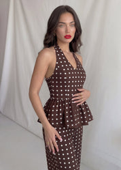 SUSAN - set coordinato pantaloni e top drappeggiato marrone con pois