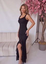 TAMMY - abito vestito midi in pizzo nero con spacco con ruches