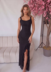 TAMMY - abito vestito midi in pizzo nero con spacco con ruches
