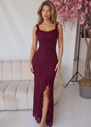 TAMMY - abito vestito midi in pizzo bordeaux con spacco con ruches