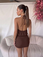 TEAGAN - vestito marrone con scollo drappeggiato