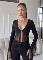 TELLY - top a maniche lunghe nero con frange