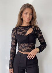 TELTI - maglia in pizzo nero con cut-out con fiocchi