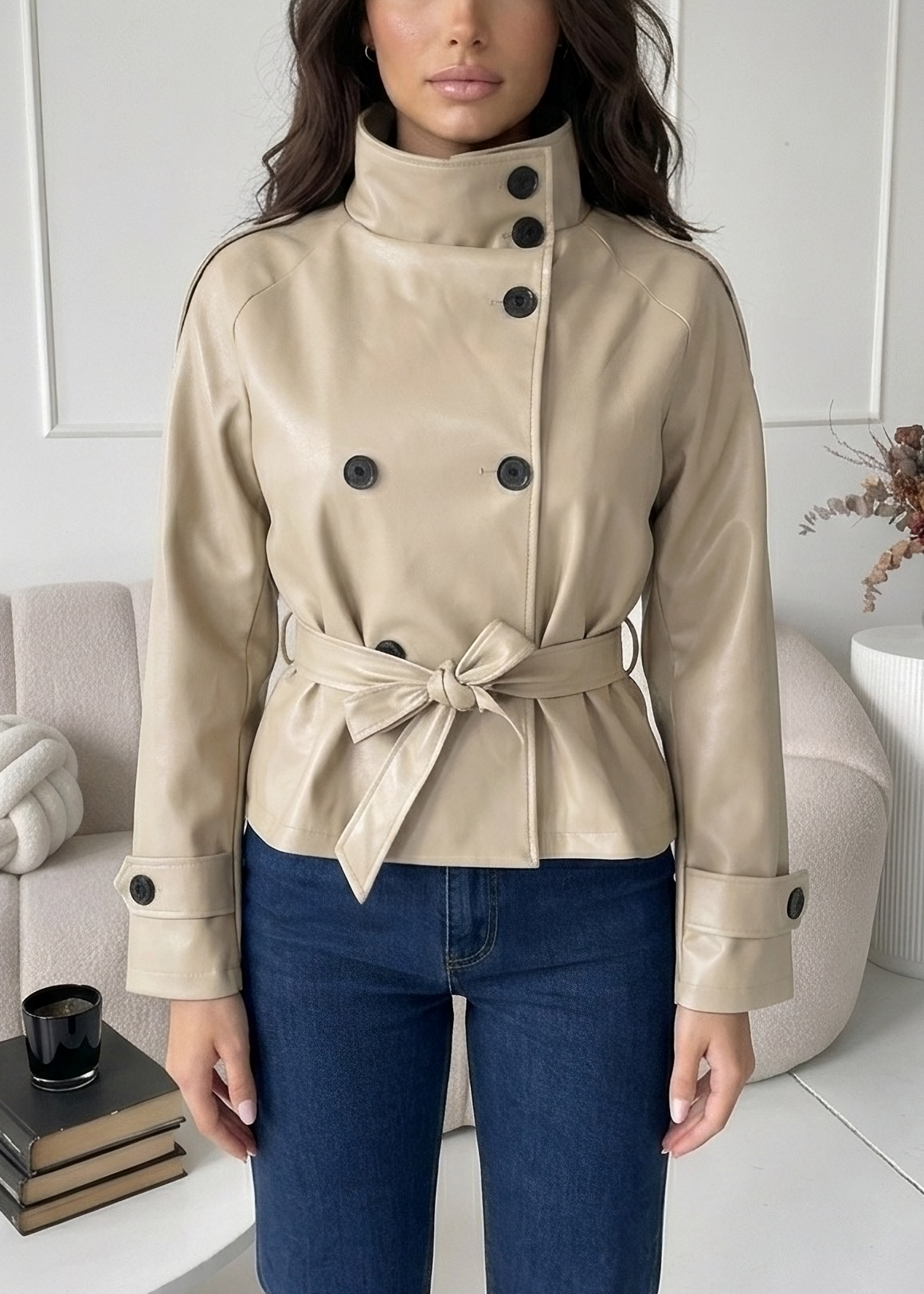 SIENA - giacca effetto pelle collo coreana in beige