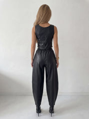 VALRY - set coordinato top e pantaloni in pelle nera