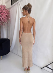 VERO - vestito lungo in maglia lurex oro con applicazione rose