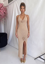 VERO - vestito lungo in maglia lurex oro con applicazione rose