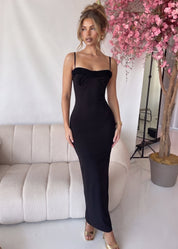 VIKI - abito midi nero con scollo con pizzo