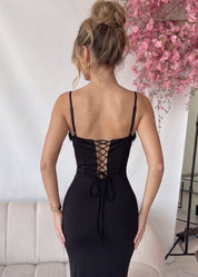 VIKI - abito midi nero con scollo con pizzo
