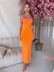 VIKI - abito midi arancione con pizzo fuchsia a contrasto