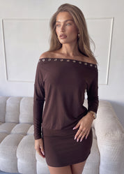 ZAKA - vestito mini corto con scollo a barca in marrone